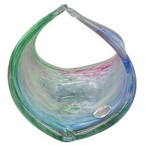 Crystal Clear Murano Style Hand Blown Art Glass Basket Bowl Made in Italy READ